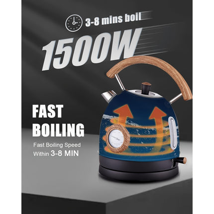 Electric Kettle, Vintage Design, Equipped with a Thermometer, 1.7 Liters Capacity
