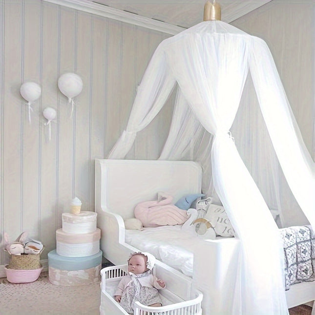 Round Top Bed Canopy for Girls, Machine Washable White Bed Drape with Steel Wire Bracket