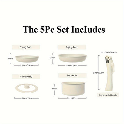 5pcs Ceramic Nonstick Kitchen Pots And Pans Set Cookware Sets With Detachable Handle,