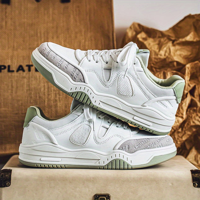 Men's All-Season Sneakers - White & Turquoise Accent Lace-Up Shoes, Non-Slip Rubber Sole,