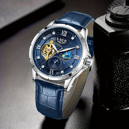 Men'S Luxury Mechanical Watch | Business Style, Mixed Color, Rhinestone Inlay, Transparent Bottom Cover,