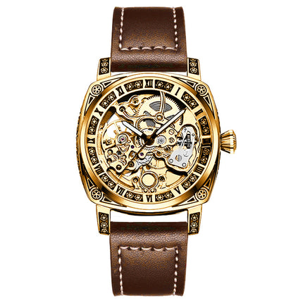 1pc Men'S Yellow Brown PU Belt Street Rascal Handsome Carved Tourbillon Fully Automatic