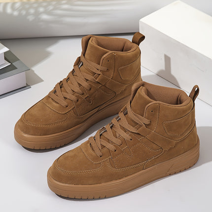 1 Pair Vintage Wheat Brown High-Top Sneakers for Men, Geometric Pattern Fabric Upper