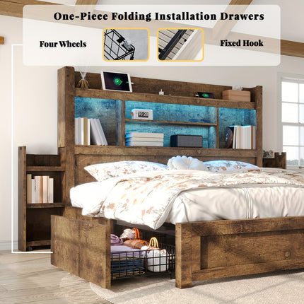 Wooden Bed Frame for a Farmhouse Style Featuring Four Storage Drawers, an LED Headboard