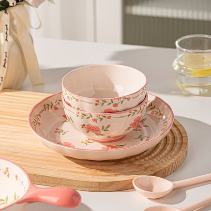 8pcs French Country Ceramic Dinnerware Set with Red Glaze & Peach Blossom Pattern Round Plates,