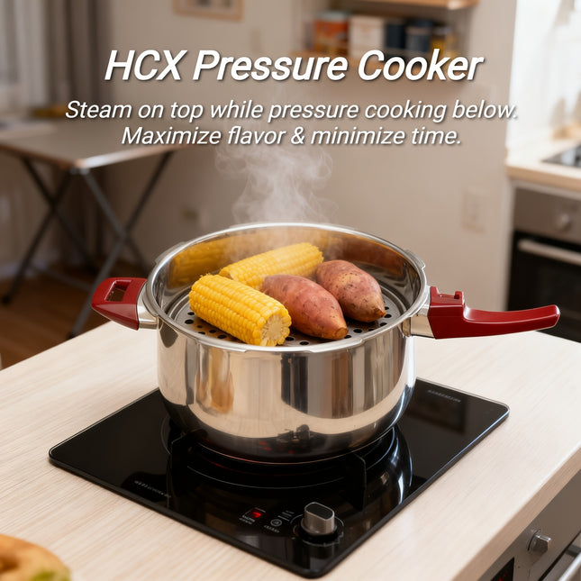 22cm/6L Large Capacity Stainless Steel Pressure Cooker with 1600-Ton Triple-Layer Base, 6 Safety Features