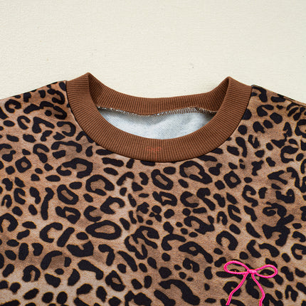 Coffee Leopard Print Contrast Trim Long Sleeve Top and Pants Set
