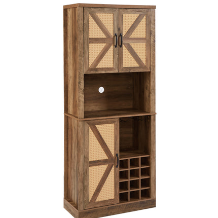 76-Inch Tall Rustic Oak Color Farmhouse Kitchen Faux Rattan Wine Cabinet, Kitchen Bar Cabinet with Square Compartments