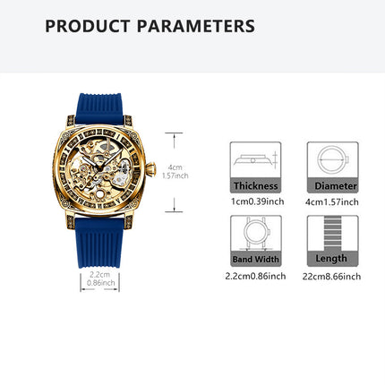 1pc Men's Yellow and Blue Tape Elegant Carved Roman Rotating Mechanical Watch