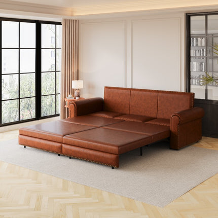 Sofa Bed - 3-in-1 Convertible Sleeper with Faux Leather Upholstery, Nailhead Trim & Rolled Arms