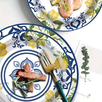 30pcs Disposable Tableware Set Featuring a Lemon And Blue Porcelain Theme, Uncoated Utensils