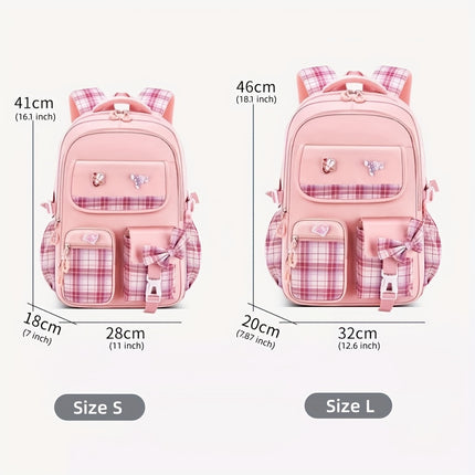 Cute  Plaid Bowknot Backpack for Girls - Lightweight, Durable Nylon Schoolbag with Multiple Compartments