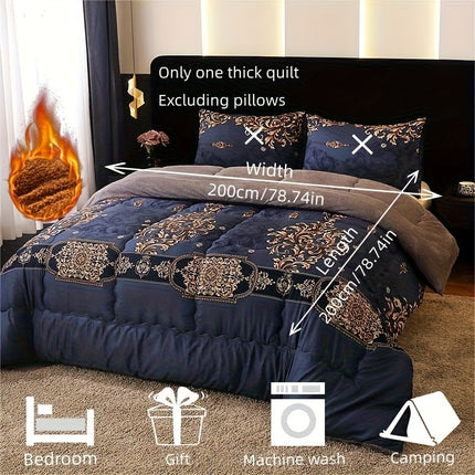 1pc Luxury Fleece Bedspread - Deep Navy Blue & Golden Floral Print, All-Season Soft Warmth