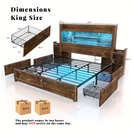 Wooden Bed Frame for a Farmhouse Style Featuring Four Storage Drawers, an LED Headboard