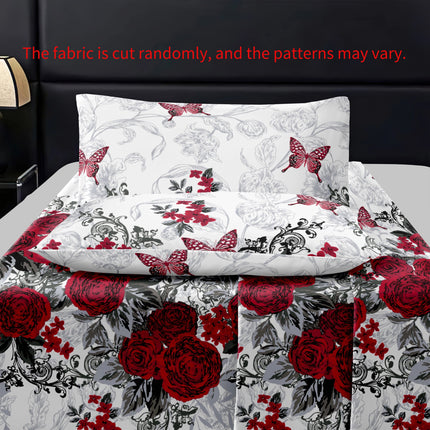 3pcs Red Small Butterfly Rose Romantic Flower Cluster Down Duvet Cover Three-Piece Set, Bedding Sets