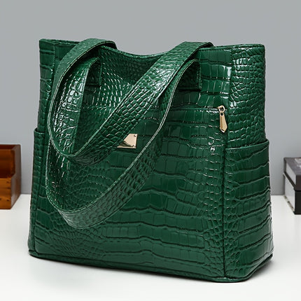 Crocodile Pattern Handbag - Large Capacity, Multi-Pocket Shoulder Handbag with Zipper Closure