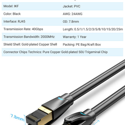 Vention Ethernet Cable RJ45 Cat8 Lan SFTP 40Gbps 2000M