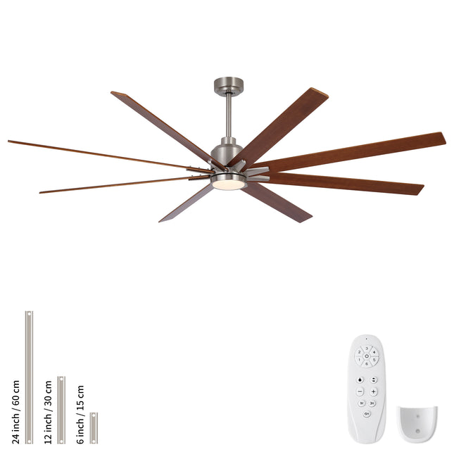 84' Oversized Large Brushed Nickel Ceiling Fan with Dimmable Led Light 8 Black Walnut Solid Wood Blades Remote Control Reversible DC Motor For Living Room Warehouse Village