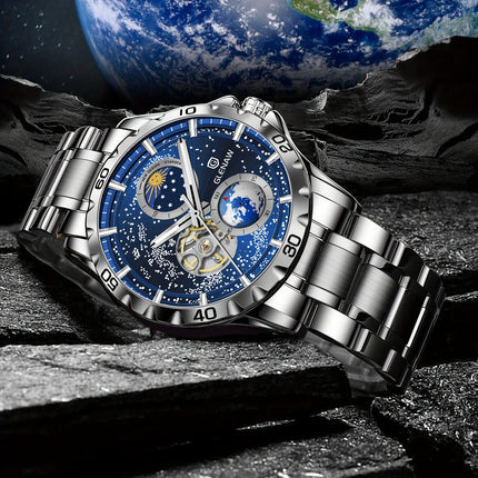 Men's Mechanical Watch Starry Sky Dial Steel Band Stopwatch Sun Moon Star Automatic