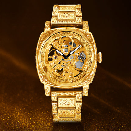 1pc Men's yellow steel strip business style versatile finely carved Roman fully automatic mechanical watch