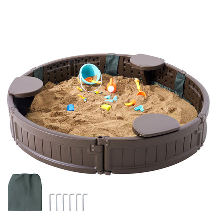 Sandbox with Cover, 47.2 x 9.1 in Round Sand Box, HDPE Sand Pit with 3 Corner Seating and Bottom Liner, Kids Sandbox for Outdoor Backyard, Beach, Park, Gift for Boys Girls Ages 3-12, Brown