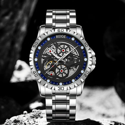 Stylish Men'S Automatic Mechanical Watch with Stainless Steel Strap, Luminous Hands & Hollow Round Dial