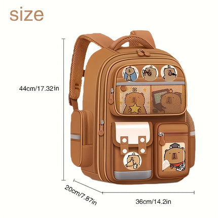 Brown Nylon Backpack with Adjustable Shoulder Straps, Zipper Closure, and Cute Cartoon Design,