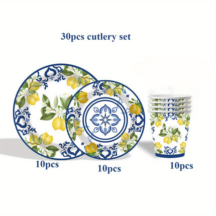 30pcs Disposable Tableware Set Featuring a Lemon And Blue Porcelain Theme, Uncoated Utensils