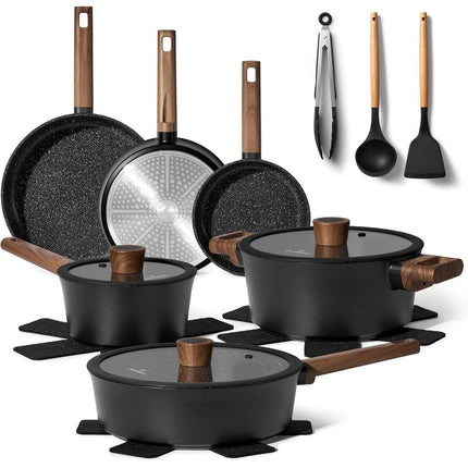 Just Perfecto Induction Cookware Set – 15-Piece Nonstick Pans, Glass Lid Saucepans, Wok, Utensils, and Trivets