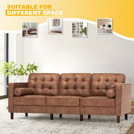 Leather Couch Featuring 2 Bolster Cushions, Contemporary Three-Seater Sofa with Tufted Backrests
