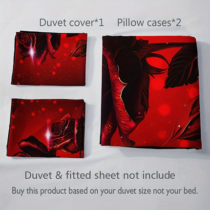3pcs Red Rose Print Duvet Cover Set - Includes 1 Duvet Cover & 2 Pillowcases, Breathable Polyester, Machine Washable - Perfect for All Seasons