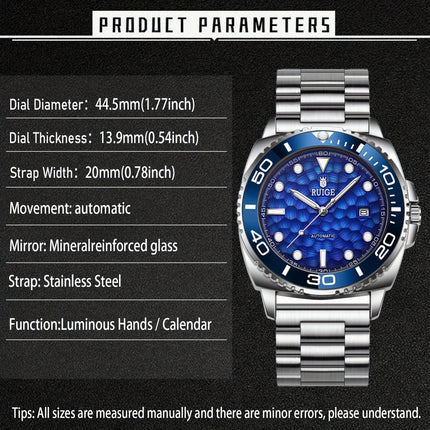Men's Luxury Automatic Mechanical Watch with Date Chronograph - Stainless Steel Blue Dial Dress Watch,