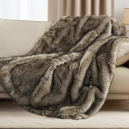 Reversible Faux Fur Blanket - Oversized 60"x80" Plush Mink & Beige/White/Gray Cozy Throw for Bed, Couch