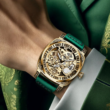 1pc Men'S Luxury Mechanical Watch with Green PU Strap - Automatic Winding Movement