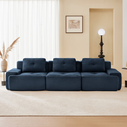 117' Modern Modular Sectional Sofa for Living Room, Corduroy Fabric,Oversized 3-Seater Couch with Deep Seat, Pearl-like piping, Tufted Design,Buckle connection,No Assembly,Anti-slip Design,Blue