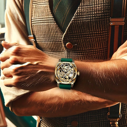 1pc Men'S Green Tape Gorgeous Retro Fully Automatic Hollow Mechanical Watch, Without Battery