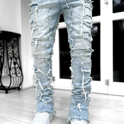 Men Trousers Individual Patched Pants Long Tight Fit Stacked Jeans For Mens Clothing