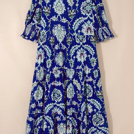 Blue Wild Floral Print Frilled Collar Half Sleeve Long Dress