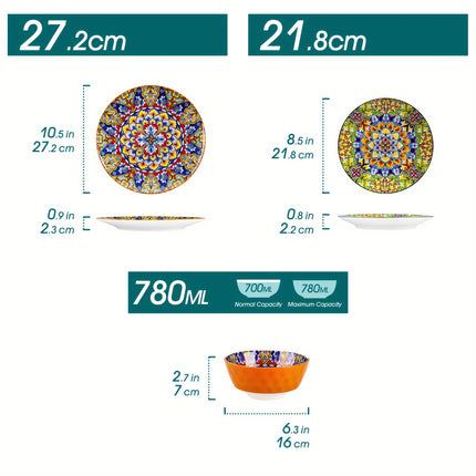 18pcs Porcelain Bohemian Style Dinner Set | Includes Dinner Plates, Dessert Plates, Cereal Bowls,