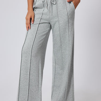 Gray Seamed Drawstring High Waist Wide Leg Sweatpants