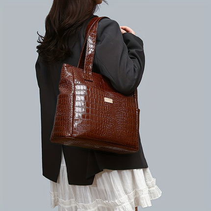 Crocodile Pattern Handbag - Large Capacity, Multi-Pocket Shoulder Handbag with Zipper Closure