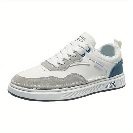 Men's Low-Top Sneakers - White & Light Grey - PU Upper, Cushioned EVA Insole - Lace-Up Closure