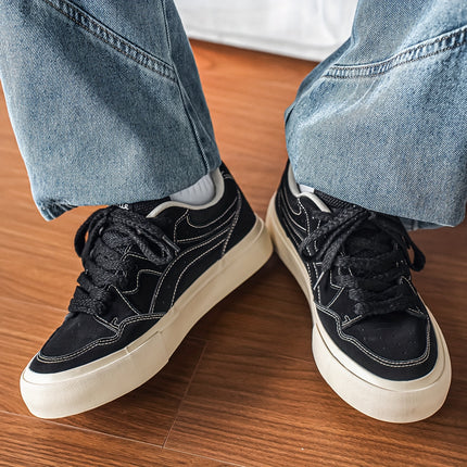 Men's Olive Green PU Low-Top Sneakers - Chunky Rubber Sole Skate Shoes, Lace-Up All-Season Casual
