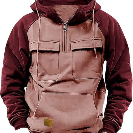 Fall Winter Retro Cargo Hoodies Men's Half Zipper Solid Warm Fleece Sweatshirts Multi Pockets Male Hooded Jackets Thick Outdoor Hooded