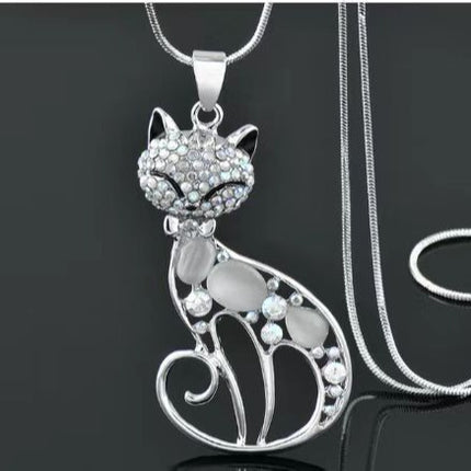 Cute Crystal Shining Diamond Opal Cartoon Fox Cat Necklace
