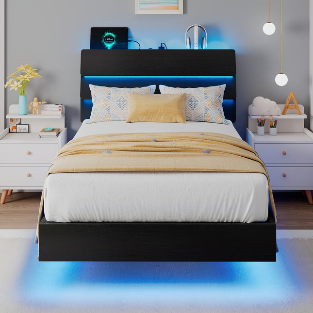 Bed Frame Featuring LED Lighting, Integrated Charging Station, Wooden Headboard for Storage