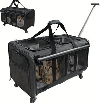 Double Compartment Detachable Travel Carrier for 2 Cats & Puppies - Spacious Pet Trolley with Ventilated Mesh & Removable Lining, Durable Wheels & Ergonomic Handle for Airplane Travel, Vet Visits, Road Trips