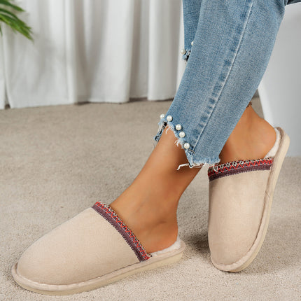 Gray Faux Suede Plush Liner Contrast Embroidered Detail Winter Slippers