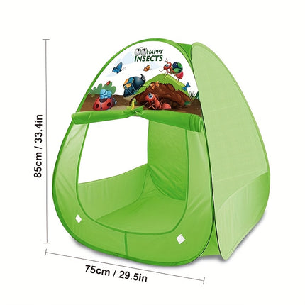 A Geometric Puzzle Tent Shaped Like a Triangle, Featuring a Design with Green Grass And Insects. It Is Washable, Foldable, And Made with a Steel Frame And Polyester Fabric, Suitable for Both Boys And Girls.