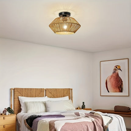1pc Boho Rattan Ceiling Light Fixture - Farmhouse Chandelier with E27 Socket (Bulb Not Included)
